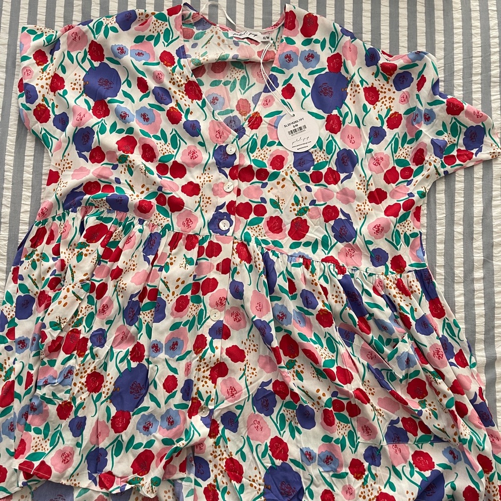 Floral V-Neck Mini Dress in White with Red & Purple Flowers